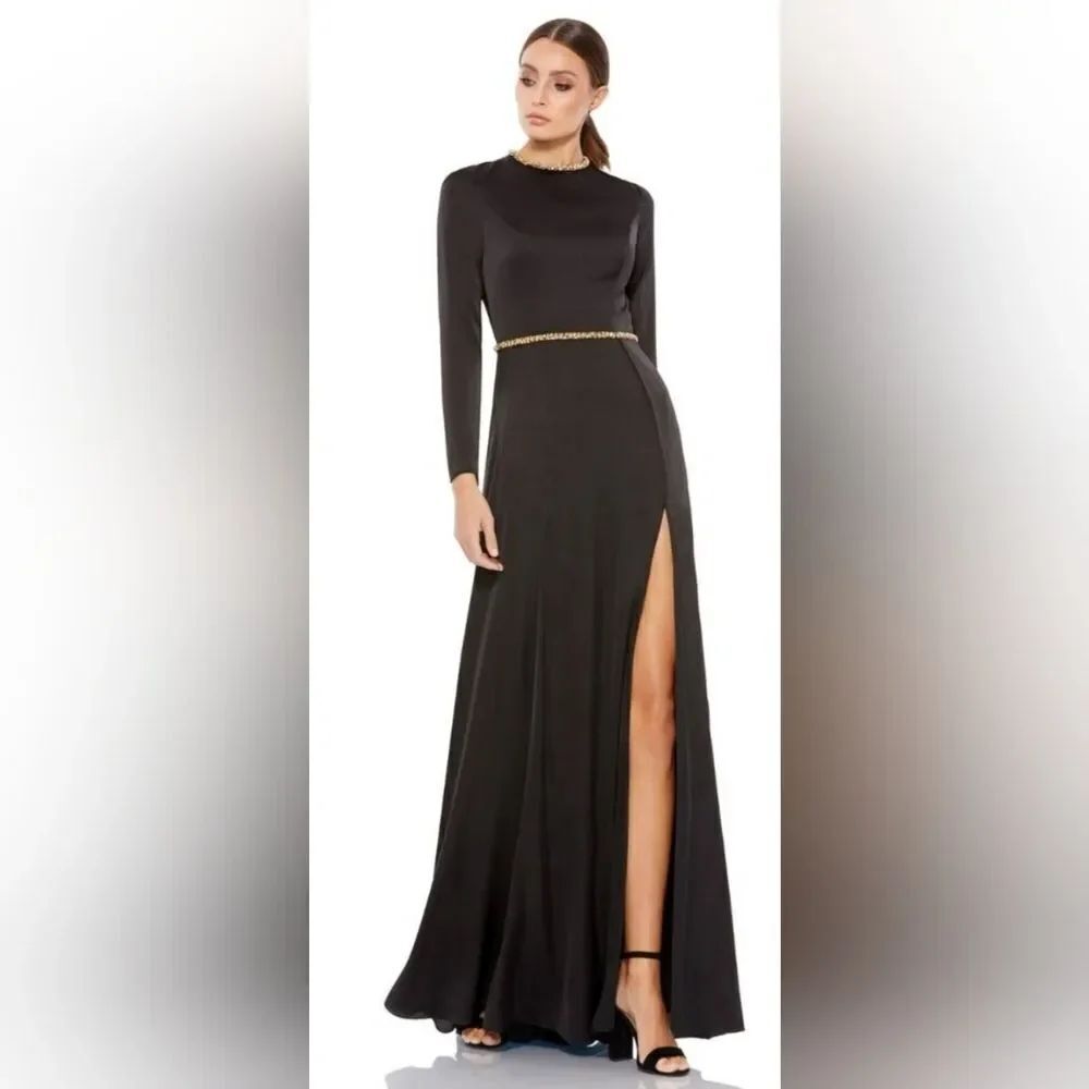 Mac Duggal 26524 Embellished Cutout Back High Slit Dress NWT size 6 Black